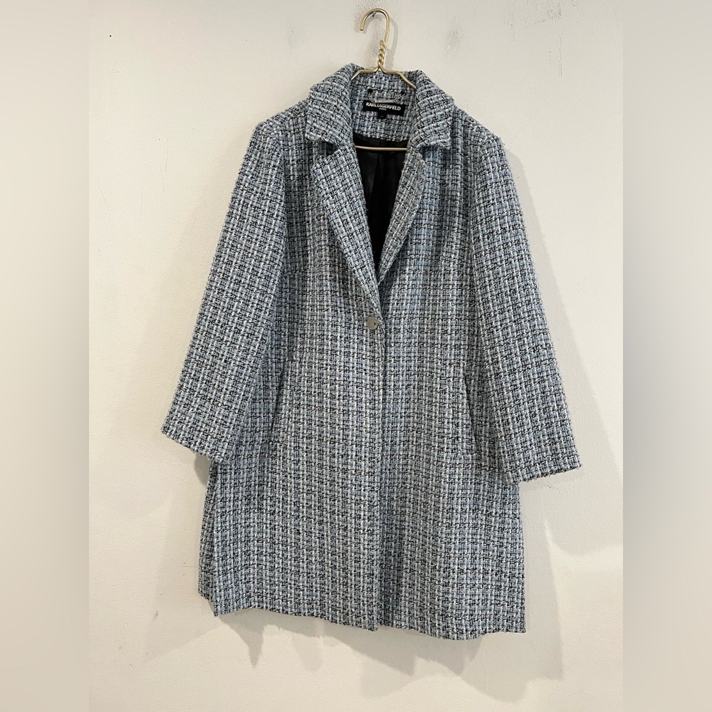 Karl Lagerfeld Women's Lightweight Tweed Long Coat, Blue, Size L